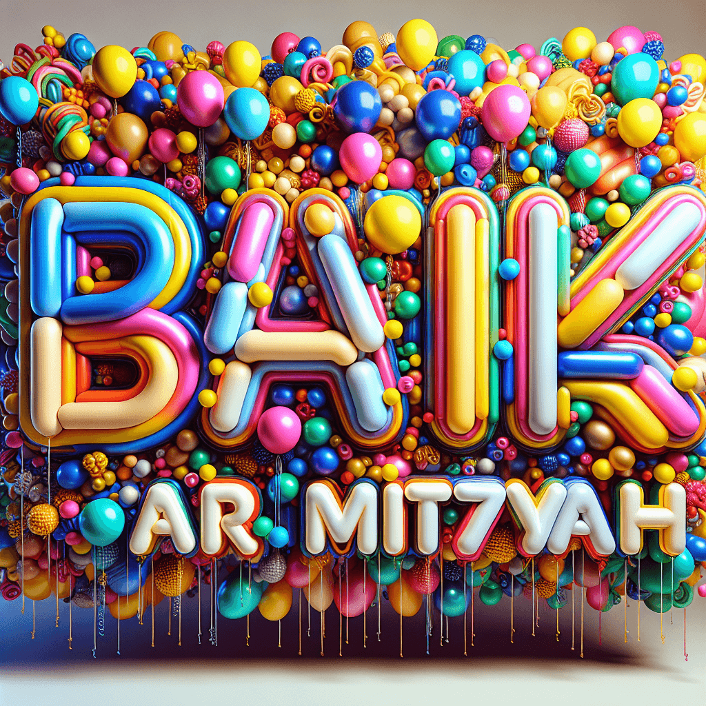 עיצוב בלונים צבעוני וקופצני עם שם חתן בר המצווה באותיות גדולות.